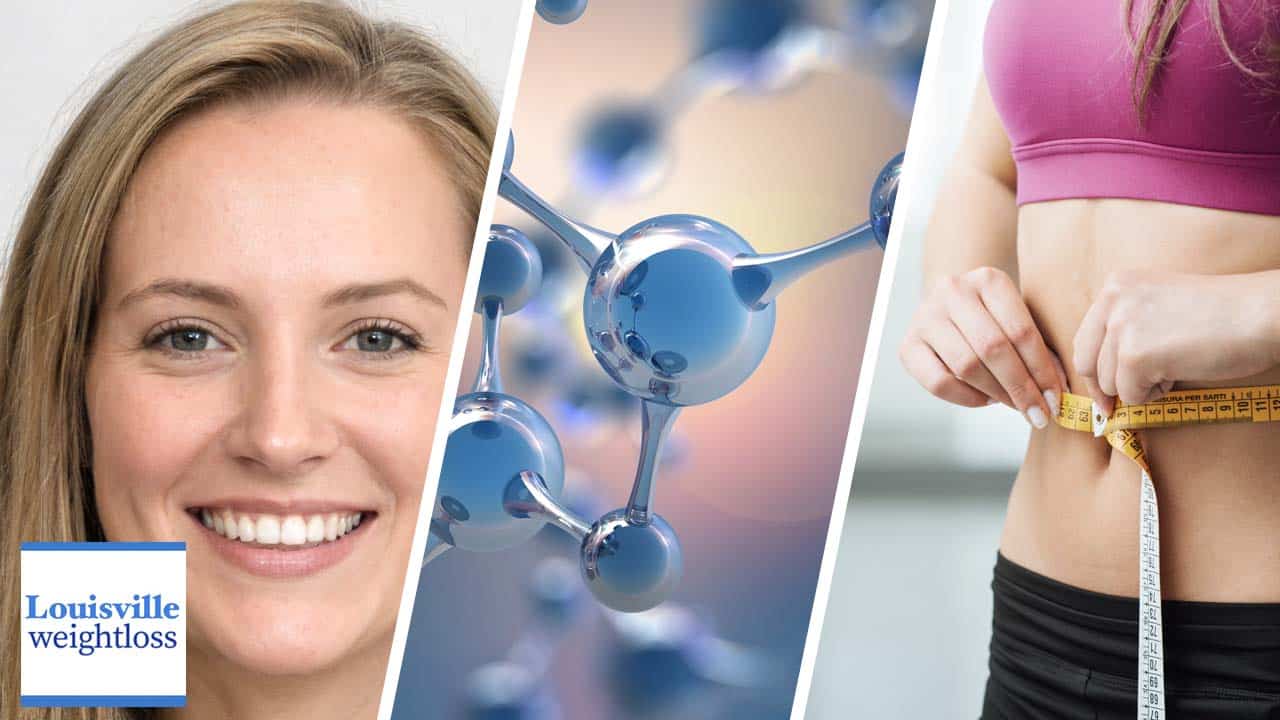 a smiling woman, a 3d rendering of a molecule and a measuring tape around a waist all about medical weight loss